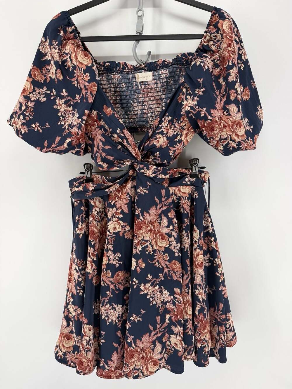 Altarβd State Floral Two Piece Set Size M Puff Sleeve Tie Front Crop Top Skirt B